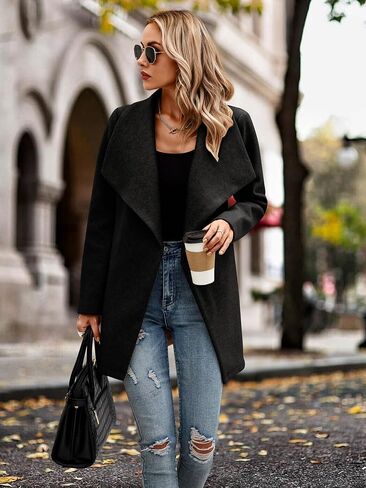 AOVDE Women's Winter Wool Coat: Classic Lapel Collar Jacket - Casual Mid-Long Open Front Blend Overcoat With Belt in Saudi Arabia