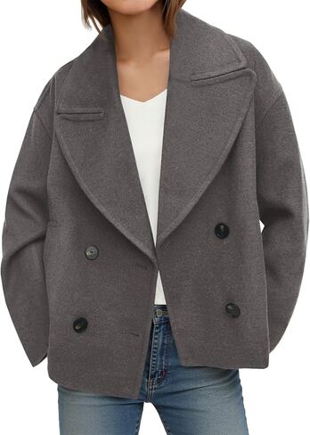 Tankaneo Womens Cropped Wool Blend Pea Coat Casual Long Sleeve Double Breasted Notched Lapel Overcoat Jackets in Saudi Arabia