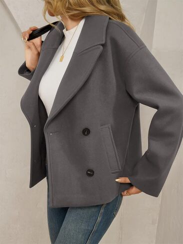 Tankaneo Womens Cropped Wool Blend Pea Coat Casual Long Sleeve Double Breasted Notched Lapel Overcoat Jackets in Saudi Arabia
