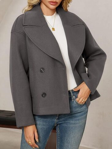 Tankaneo Womens Cropped Wool Blend Pea Coat Casual Long Sleeve Double Breasted Notched Lapel Overcoat Jackets in Saudi Arabia