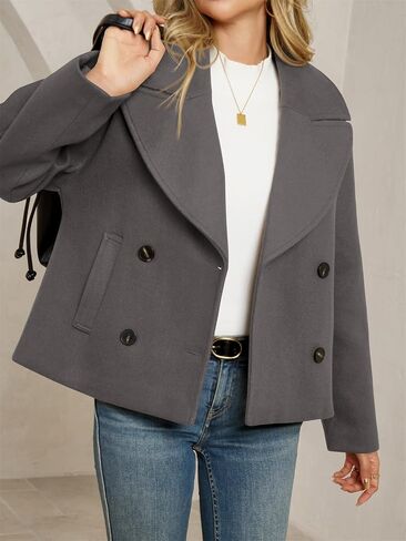 Tankaneo Womens Cropped Wool Blend Pea Coat Casual Long Sleeve Double Breasted Notched Lapel Overcoat Jackets in Saudi Arabia