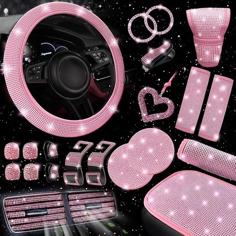 nbtepem 30 pcs ملحقات سيارة Pink Bling للنساء ، مجموعة غطاء عجلة القيادة الوردي ، غطاء وحدة تحكم بلينغ ، وسادة حزام الأمان ، وسادة مقبض التحول ، كوستر كوب ، رينستون معلقة. in Kuwait