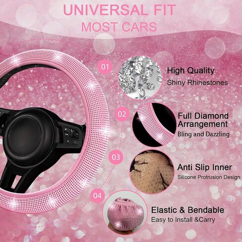 nbtepem 30 pcs ملحقات سيارة Pink Bling للنساء ، مجموعة غطاء عجلة القيادة الوردي ، غطاء وحدة تحكم بلينغ ، وسادة حزام الأمان ، وسادة مقبض التحول ، كوستر كوب ، رينستون معلقة. in Kuwait