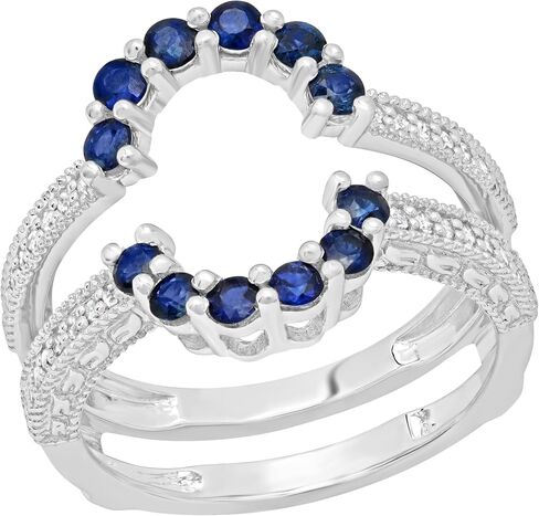 مجموعة RomazzlingRock مستديرة الياقوت الأزرق و White Diamond Ladies Enhancer منحنية حارس مزدوج مطابقة الفرقة الزفاف | 925 الفضة الاسترليني in Saudi Arabia