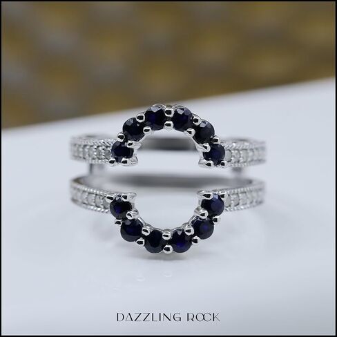 مجموعة RomazzlingRock مستديرة الياقوت الأزرق و White Diamond Ladies Enhancer منحنية حارس مزدوج مطابقة الفرقة الزفاف | 925 الفضة الاسترليني in Saudi Arabia