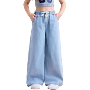 Girl's Wide Leg Jeans Drawstring Waist Baggy Denim Pants Casual Long Trousers with Pockets in Saudi Arabia