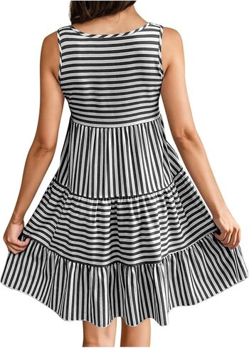 Sun Dresses for Women 2025 Vacation Striped Print Sleeveless Mini Dress Ruffle Flowy Tiered Beach Dress in Saudi Arabia