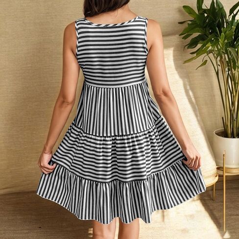 Sun Dresses for Women 2025 Vacation Striped Print Sleeveless Mini Dress Ruffle Flowy Tiered Beach Dress in Saudi Arabia