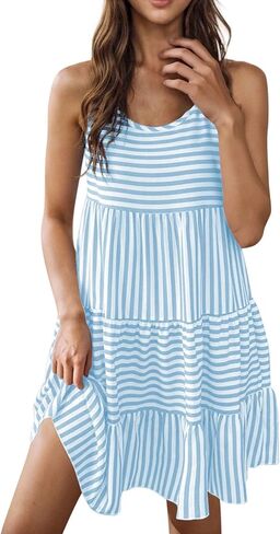 Sun Dresses for Women 2025 Vacation Striped Print Sleeveless Mini Dress Ruffle Flowy Tiered Beach Dress in Saudi Arabia
