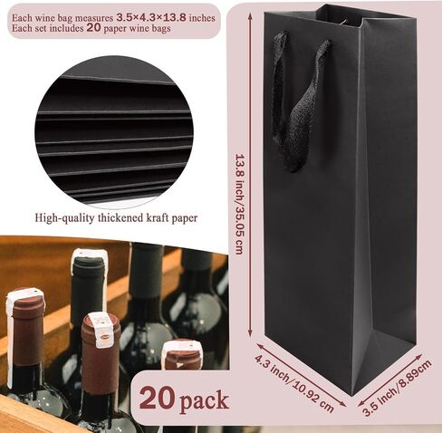 CZWESTC 20 Pack Kraft Paper Wine Bags with Handles Black Wine Bottle Bags BulkWine Gift Bags Shopping Bags Party Bags Retails Bags Whiskey Champagne Bottles Bags-3.5×4.3×13.8 in in Saudi Arabia