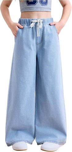 Girl's Wide Leg Jeans Drawstring Waist Baggy Denim Pants Casual Long Trousers with Pockets in Saudi Arabia