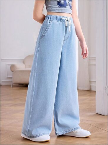 Girl's Wide Leg Jeans Drawstring Waist Baggy Denim Pants Casual Long Trousers with Pockets in Saudi Arabia
