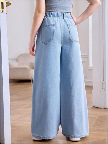 Girl's Wide Leg Jeans Drawstring Waist Baggy Denim Pants Casual Long Trousers with Pockets in Saudi Arabia