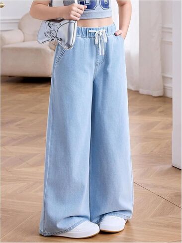 Girl's Wide Leg Jeans Drawstring Waist Baggy Denim Pants Casual Long Trousers with Pockets in Saudi Arabia