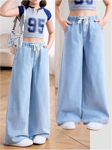 Girl's Wide Leg Jeans Drawstring Waist Baggy Denim Pants Casual Long Trousers with Pockets in Saudi Arabia