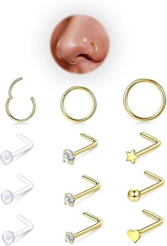 12PCS Hypoallergenic 14K Gold Plated 18G Nose Rings Studs Set for Women Men:3Pcs nose rings & 6Pcs L Shaped Nose Studs & 3Pcs Clear Nose Studs Gold/Silver 316L Surgical Stainless Steel Nose Piercing Jewelry in Saudi Arabia