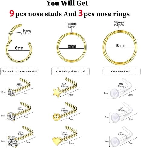 12PCS Hypoallergenic 14K Gold Plated 18G Nose Rings Studs Set for Women Men:3Pcs nose rings & 6Pcs L Shaped Nose Studs & 3Pcs Clear Nose Studs Gold/Silver 316L Surgical Stainless Steel Nose Piercing Jewelry in Saudi Arabia