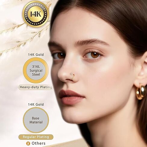 12PCS Hypoallergenic 14K Gold Plated 18G Nose Rings Studs Set for Women Men:3Pcs nose rings & 6Pcs L Shaped Nose Studs & 3Pcs Clear Nose Studs Gold/Silver 316L Surgical Stainless Steel Nose Piercing Jewelry in Saudi Arabia