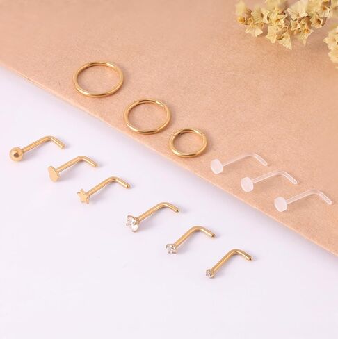 12PCS Hypoallergenic 14K Gold Plated 18G Nose Rings Studs Set for Women Men:3Pcs nose rings & 6Pcs L Shaped Nose Studs & 3Pcs Clear Nose Studs Gold/Silver 316L Surgical Stainless Steel Nose Piercing Jewelry in Saudi Arabia