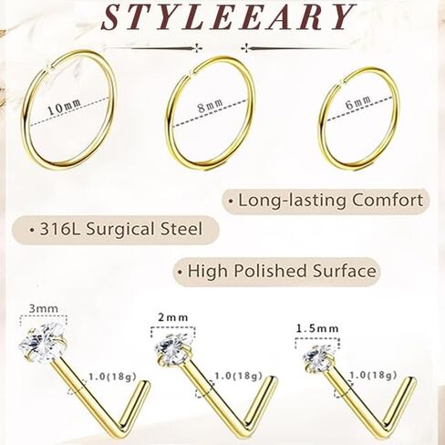 12PCS Hypoallergenic 14K Gold Plated 18G Nose Rings Studs Set for Women Men:3Pcs nose rings & 6Pcs L Shaped Nose Studs & 3Pcs Clear Nose Studs Gold/Silver 316L Surgical Stainless Steel Nose Piercing Jewelry in Saudi Arabia