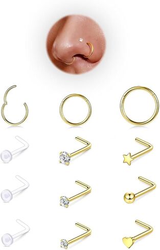 12PCS Hypoallergenic 14K Gold Plated 18G Nose Rings Studs Set for Women Men:3Pcs nose rings & 6Pcs L Shaped Nose Studs & 3Pcs Clear Nose Studs Gold/Silver 316L Surgical Stainless Steel Nose Piercing Jewelry in Saudi Arabia