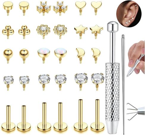 16G 18G Flat Back Stud Earrings for Women - Hypoallergenic Surgical Steel Internal Thread Stud Piercing Jewelry for Tragus Helix Cartilage Conch Nose 14K Gold Plated Lip Labret Medusa Piercing Silver in Saudi Arabia