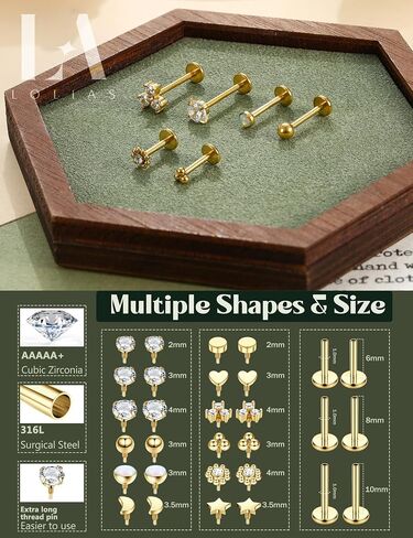 16G 18G Flat Back Stud Earrings for Women - Hypoallergenic Surgical Steel Internal Thread Stud Piercing Jewelry for Tragus Helix Cartilage Conch Nose 14K Gold Plated Lip Labret Medusa Piercing Silver in Saudi Arabia