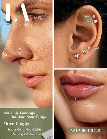 16G 18G Flat Back Stud Earrings for Women - Hypoallergenic Surgical Steel Internal Thread Stud Piercing Jewelry for Tragus Helix Cartilage Conch Nose 14K Gold Plated Lip Labret Medusa Piercing Silver in Saudi Arabia