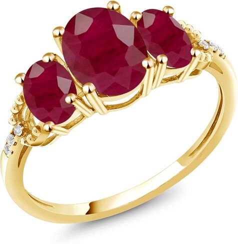 Gem Stone King 10K Yellow Gold Red Ruby and Diamond Accent 3-Stone Ring | 2.84 Cttw | Oval 8X6MM and 6X4MM | 3 Stone Wedding Engagement Anniversary Promise Ring For Women in Saudi Arabia