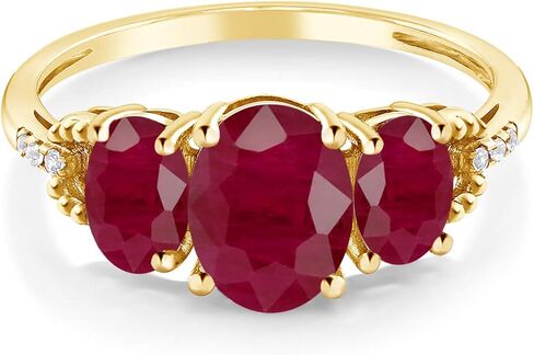 Gem Stone King 10K Yellow Gold Red Ruby and Diamond Accent 3-Stone Ring | 2.84 Cttw | Oval 8X6MM and 6X4MM | 3 Stone Wedding Engagement Anniversary Promise Ring For Women in Saudi Arabia