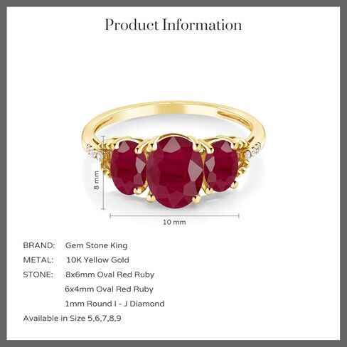 Gem Stone King 10K Yellow Gold Red Ruby and Diamond Accent 3-Stone Ring | 2.84 Cttw | Oval 8X6MM and 6X4MM | 3 Stone Wedding Engagement Anniversary Promise Ring For Women in Saudi Arabia