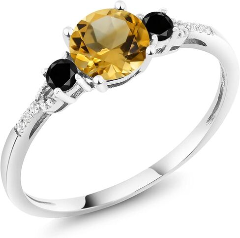Gem Stone King 10K White Gold Yellow Citrine Black Diamond and White Diamond Accent 3-Stone Engagement Ring For Women (0.97 Cttw, Round 6MM, Gemstone November Birthstone) in Saudi Arabia