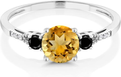 Gem Stone King 10K White Gold Yellow Citrine Black Diamond and White Diamond Accent 3-Stone Engagement Ring For Women (0.97 Cttw, Round 6MM, Gemstone November Birthstone) in Saudi Arabia