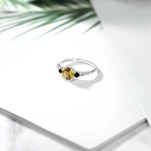 Gem Stone King 10K White Gold Yellow Citrine Black Diamond and White Diamond Accent 3-Stone Engagement Ring For Women (0.97 Cttw, Round 6MM, Gemstone November Birthstone) in Saudi Arabia