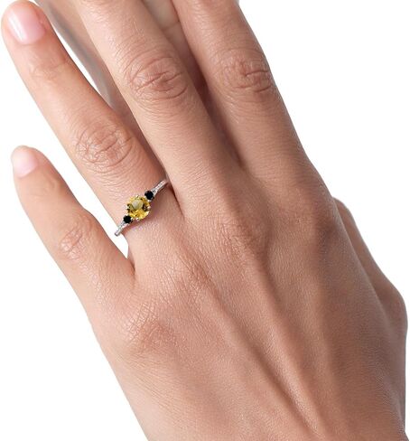 Gem Stone King 10K White Gold Yellow Citrine Black Diamond and White Diamond Accent 3-Stone Engagement Ring For Women (0.97 Cttw, Round 6MM, Gemstone November Birthstone) in Saudi Arabia