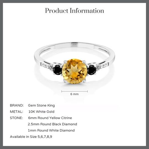 Gem Stone King 10K White Gold Yellow Citrine Black Diamond and White Diamond Accent 3-Stone Engagement Ring For Women (0.97 Cttw, Round 6MM, Gemstone November Birthstone) in Saudi Arabia