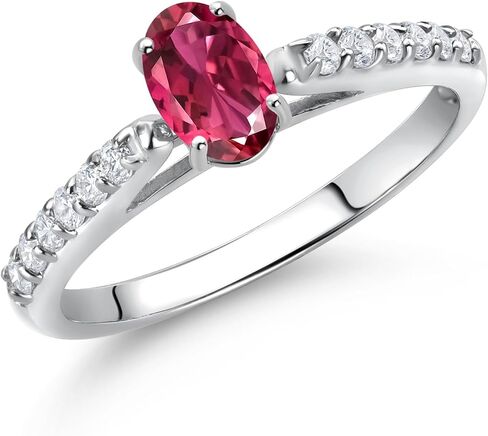 GEM Stone King 10k White Gold Gold Pink Tourmaline و White Lab خاتم الماس المزروع للنساء (0.66 CTTW ، 6x4mm ، الأحجار الكريمة أكتوبر ، متوفر في الحجم 5 ، 6 ، 7 ، 8 ، 9) in Saudi Arabia