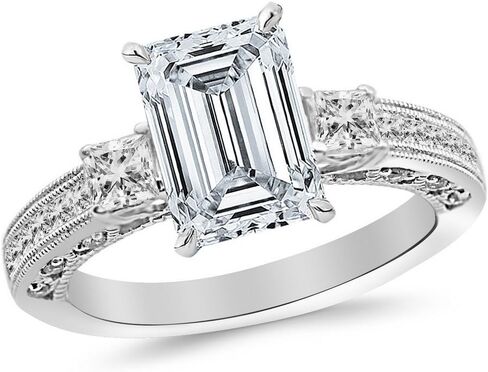 1 Carat 14K White Gold Three 3 Stone Princess Cut Channel Set Emerald Cut GIA Certified Diamond Engagement Ring (0.5 Ct K Color VS1 Clarity Center Stone) in Saudi Arabia