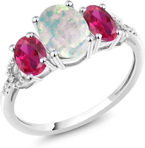 Gem Stone King 10K White Gold Simulated Opal Red Created Ruby and Diamond Accent 3-Stone Engagement Ring | 2.10 Cttw | 3 Stone Wedding Anniversary Promise Ring For Women in Saudi Arabia