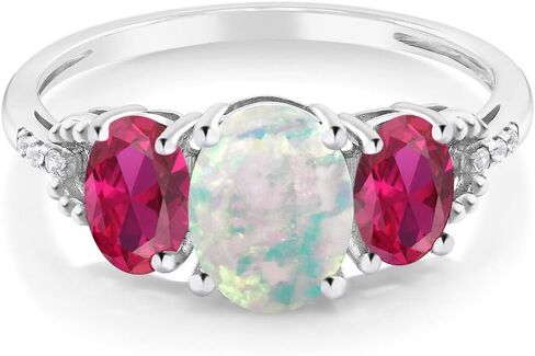 Gem Stone King 10K White Gold Simulated Opal Red Created Ruby and Diamond Accent 3-Stone Engagement Ring | 2.10 Cttw | 3 Stone Wedding Anniversary Promise Ring For Women in Saudi Arabia
