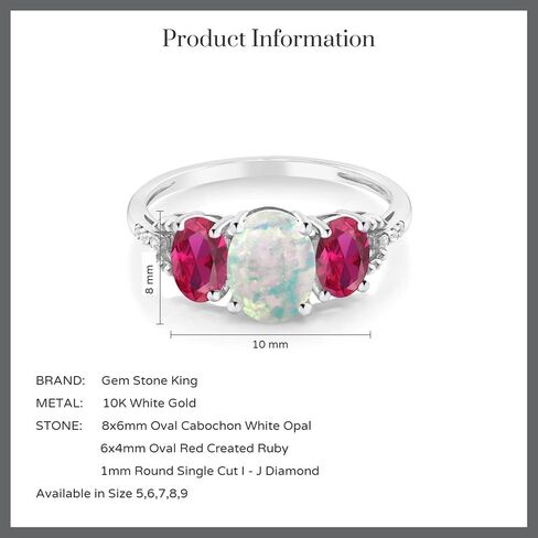 Gem Stone King 10K White Gold Simulated Opal Red Created Ruby and Diamond Accent 3-Stone Engagement Ring | 2.10 Cttw | 3 Stone Wedding Anniversary Promise Ring For Women in Saudi Arabia