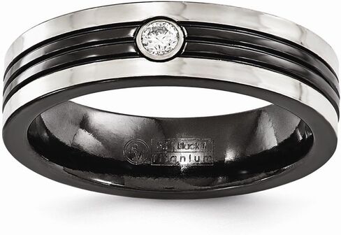 Sonia Jewels Solid Black Titanium Men's Grey Border .10ct Dia 925 Sterling Silver Men's Bezel Wedding Band Ring in Saudi Arabia