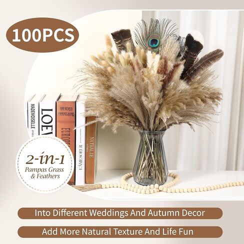 BPOLE 2-in-1 Pampas Grass Decor-100pcs مجفف بامباس العشب مع ريش طبيعية بوهو ترتيب الزهور لله الخاص in Kuwait