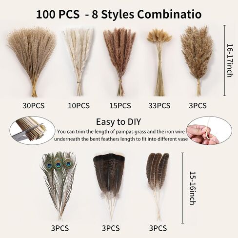 BPOLE 2-in-1 Pampas Grass Decor-100pcs مجفف بامباس العشب مع ريش طبيعية بوهو ترتيب الزهور لله الخاص in Kuwait