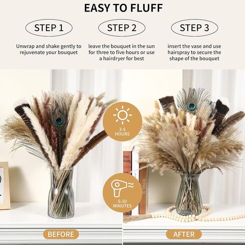 BPOLE 2-in-1 Pampas Grass Decor-100pcs مجفف بامباس العشب مع ريش طبيعية بوهو ترتيب الزهور لله الخاص in Kuwait