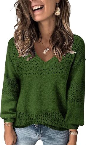 JOCAFIYE Womens Sweaters Casual Long Sleeve V Neck Lightweight Hollow Out Pullover Sweater Tops in Kuwait