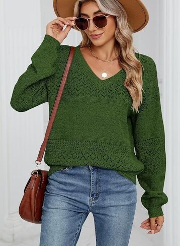 JOCAFIYE Womens Sweaters Casual Long Sleeve V Neck Lightweight Hollow Out Pullover Sweater Tops in Kuwait