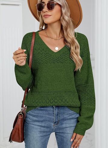 JOCAFIYE Womens Sweaters Casual Long Sleeve V Neck Lightweight Hollow Out Pullover Sweater Tops in Kuwait