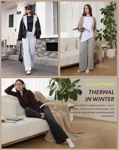 Campsnail Womens Freece مبطنة بنطلون عريض الساق الشتاء دافئ حراري مستقيم الساق الصالة السراويل العرق مع جيوب in Kuwait