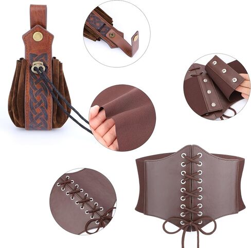 Ayliss 3PCS Renaissance Belt Set Pouch Coin Purse Faux Leather Corset Waist Belt Medieval Festival Accessories Costume in Saudi Arabia